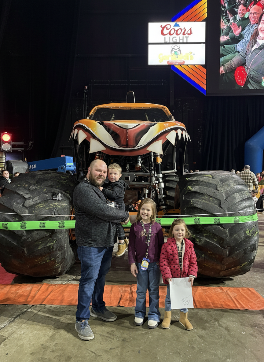 Alex Welsch, owner of Junk Nurse, with his family at a monster truck show