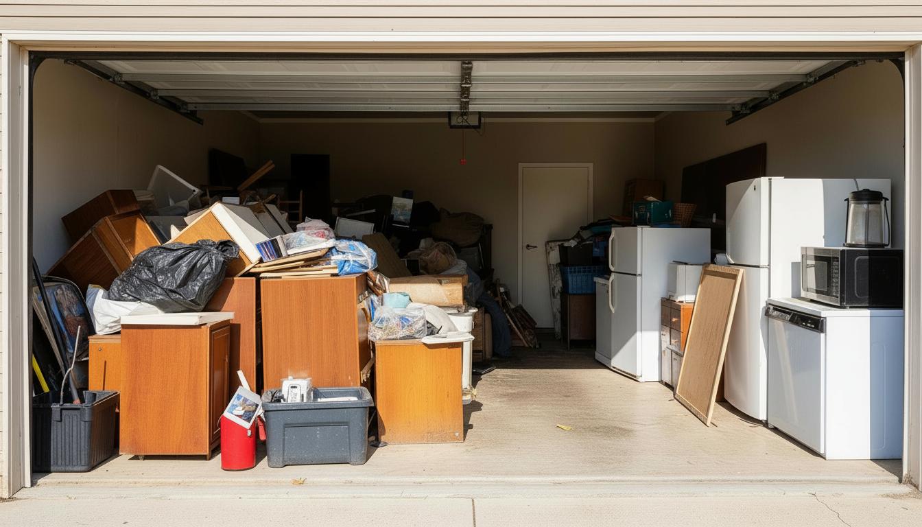 Garage full of furniture and appliances ready for junk removal in Aurora IL