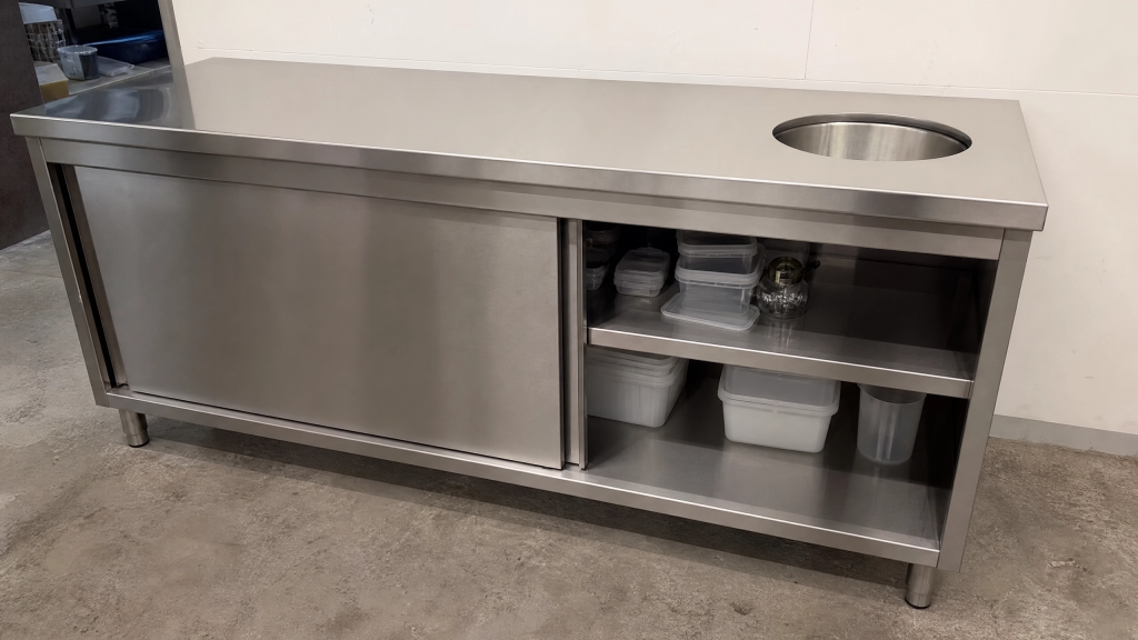 Stainless commercial work table with sliding cabinet and waste chute removed by Junk Nurse restaurant equipment removal in Aurora IL