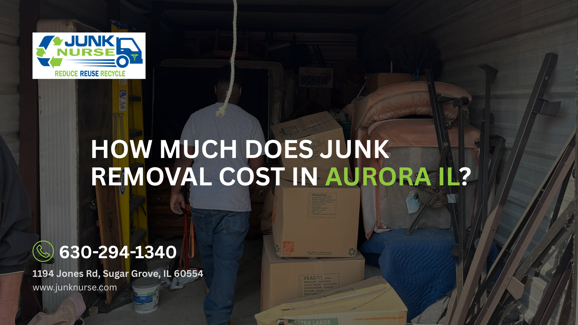 How much does junk removal cost in Aurora, IL? Junk Nurse crew clearing a storage unit cleanout.